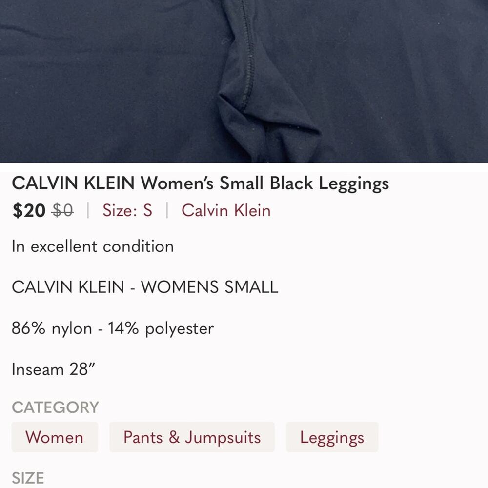 CALVIN KLEIN Women’s Small Black Leggings - Picture 4 of 4